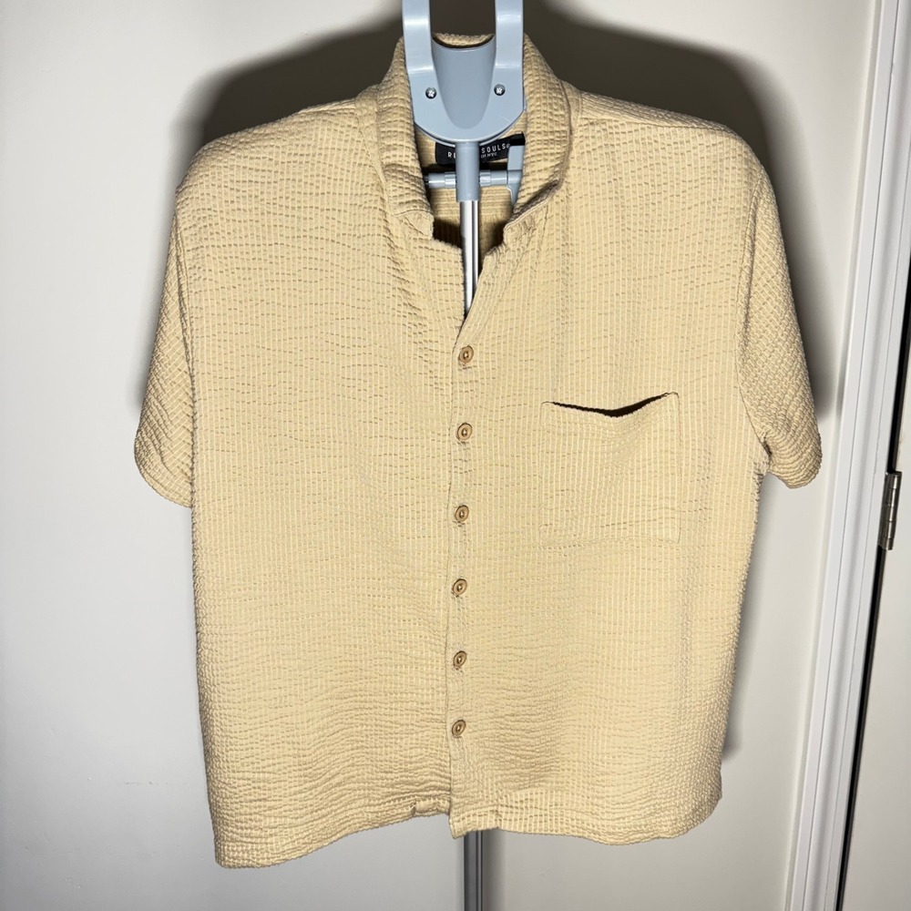 Rustic Souls Mens Large Tan Beige Textured Short Sleeve Button Down Shirt Pocket